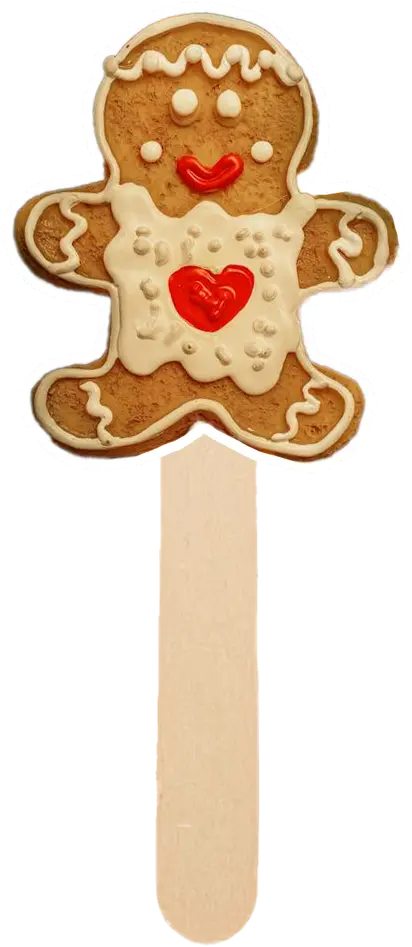 A gingerbread person on a popsicle stick.