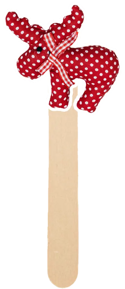 A plush moose on a popsicle stick.