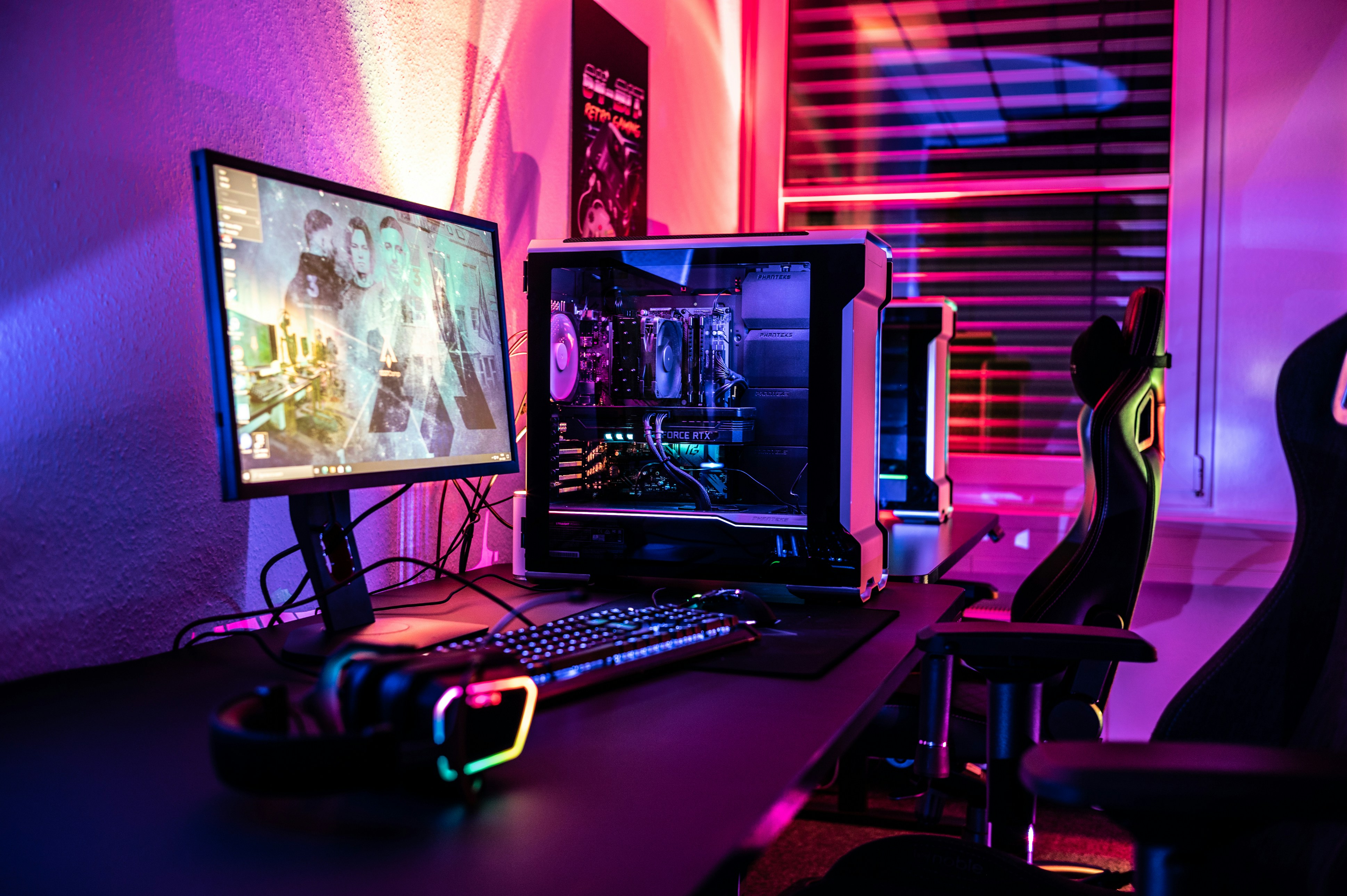 Computer set up in neon colors